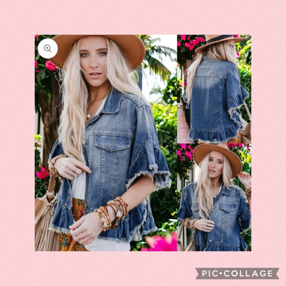 Women's Blue Denim Jean Jacket with Ruffle Hem